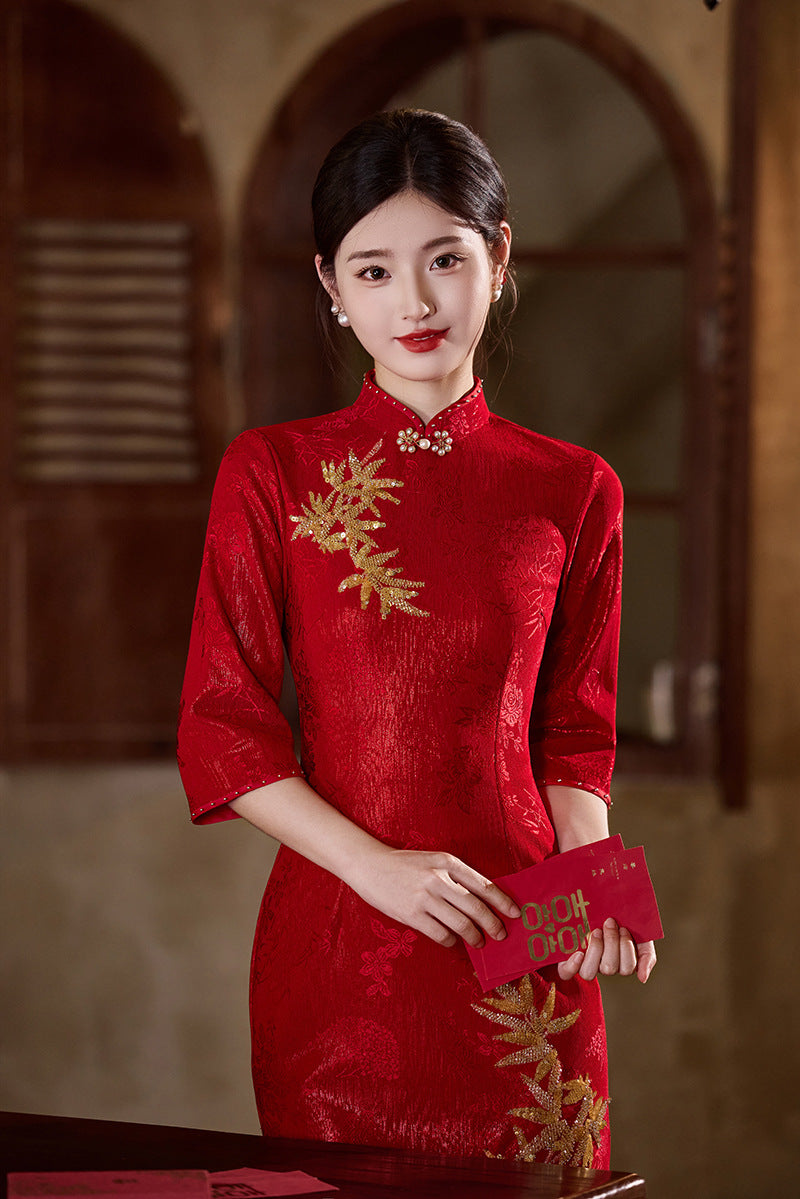 Crimson Bamboo-Embroidered Modern Qipao Midi | Mandarin Collar with Beaded Button