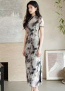 Ink-Wash Modern Qipao Midi | Short Sleeves & Black-Grey