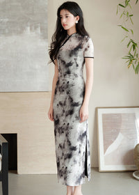 Ink-Wash Modern Qipao Midi | Short Sleeves & Black-Grey