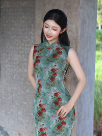 Green Rose Floral Print Sleeveless Mesh Qipao Dress|Slim Mandarin Midi Cheongsam