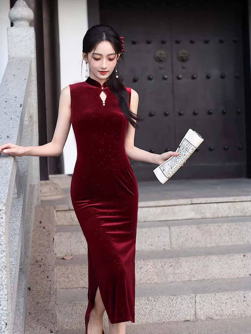 Velvet Sleeveless Qipao Dress | Mandarin Collar Keyhole Slim Cheongsam Midi