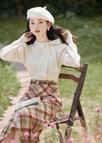 High-Waist Plaid Wool Skirt Set | Two Knit Tops Options