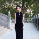 Velvet Sleeveless Qipao Dress | Mandarin Collar Keyhole Slim Cheongsam Midi