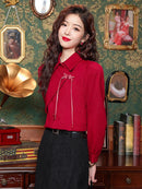 Elegant Chinese-Style Red Blouse With Unique Frog Button Design, Ideal For Traditional Wear