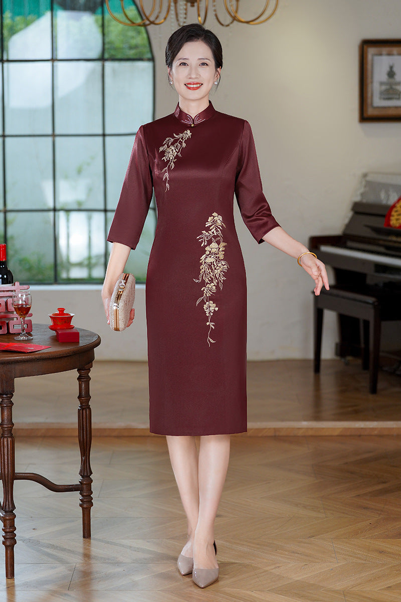 Acetate Stretch Satin Embroidered Qipao Midi | Mandarin Collar