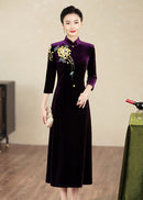 Embroidered Modern Qipao Maxi | Wine Red/Purple/Black | Mandarin Collar 3/4 Sleeves