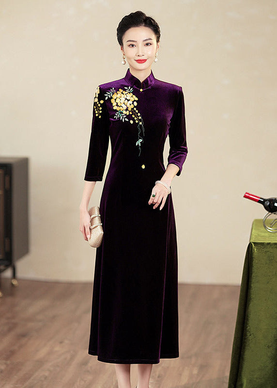 Embroidered Modern Qipao Maxi | Wine Red/Purple/Black | Mandarin Collar 3/4 Sleeves