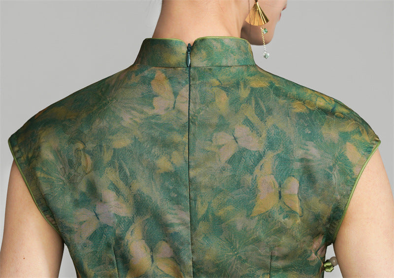 Shanghai Vintage Style Jacquard Satin Qipao | Sleeveless Long Cheongsam