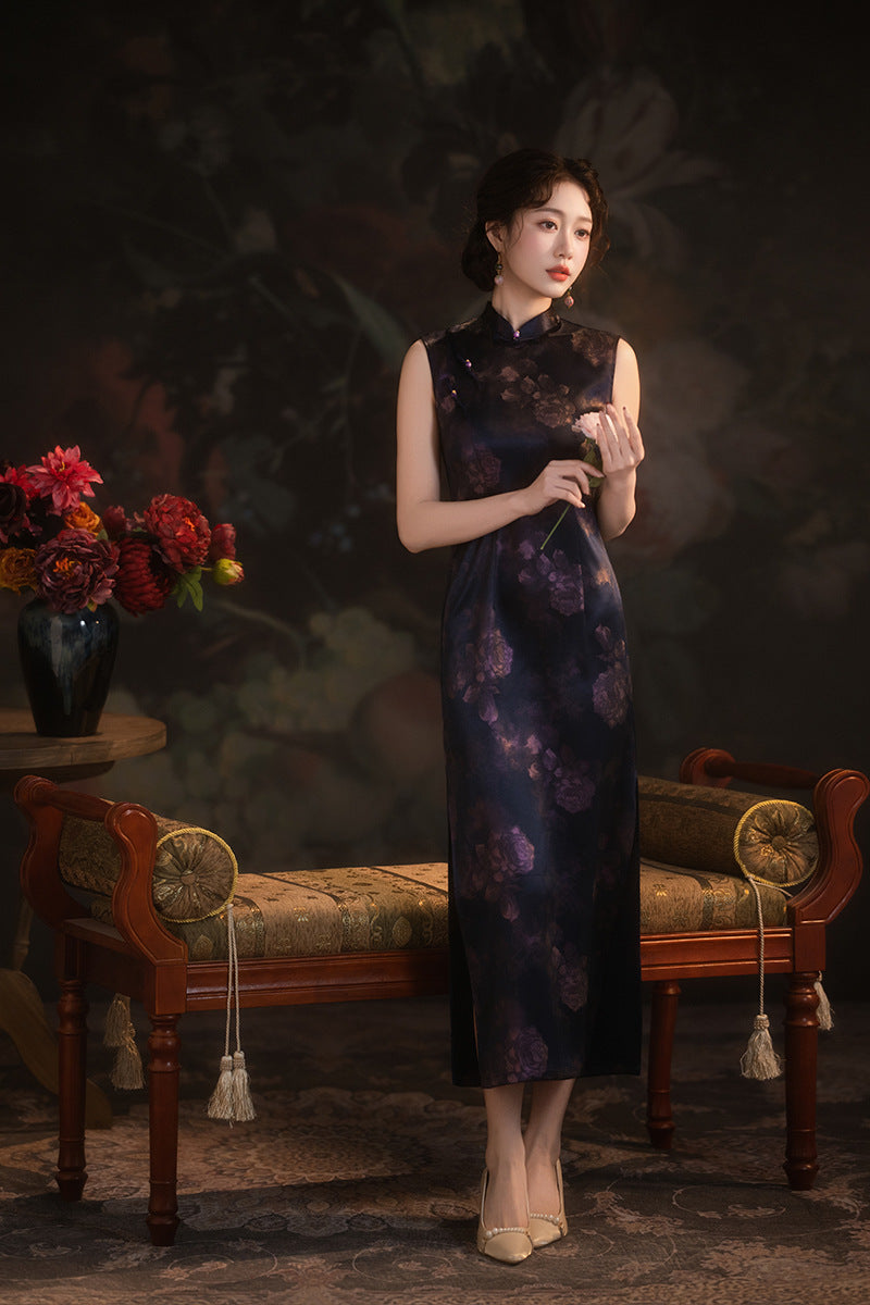 Black Floral Sleeveless Slim Qipao Dress | Mandarin Collar Frog Buttons Bodycon Side Slit Wedding Banquet Gown