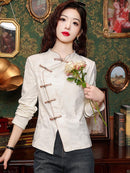 Elegant White Brocade Tang Jacket With Chinese Frog Button Design