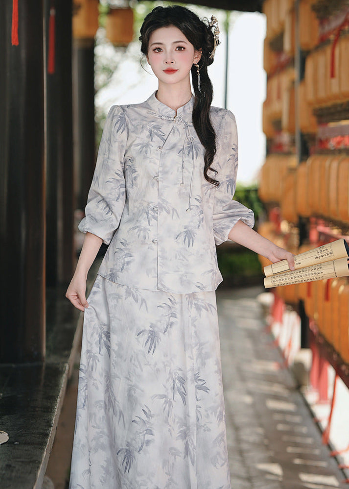 Mist-Grey Ink-Print Modern Hanfu Set | Mandarin-Collar Puff-Sleeve Top & High-Waist Skirt