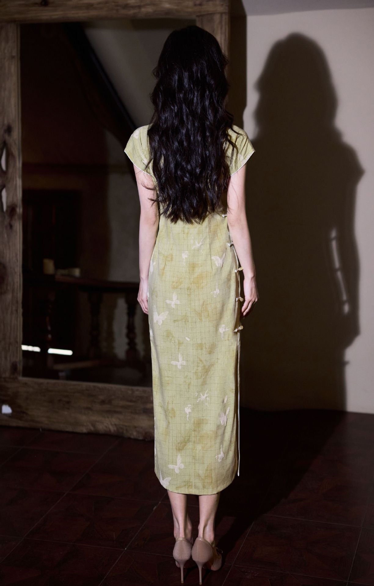 Butterfly Print Modern Qipao Maxi | Mandarin Collar & Frog Buttons