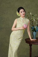 Pink Floral Sleeveless Velvet Qipao Dress | Slim Mandarin Maxi