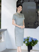 Summer Plus-Size Jacquard Modern Qipao | Mandarin Short Sleeve Keyhole, Slim Midi with Side Slit