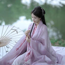 Elegant Pastel Pink Hanfu Dress with Floral Embroidery and Flowing Sleeves