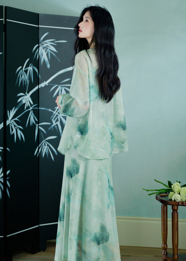 Modern Chinese Ink-Print Two-Piece Set | Sheer Frog-Button Top + Slim Maxi Dress