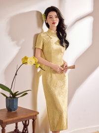 Champagne Pink Tonal Jacquard Short Sleeve Qipao Maxi Dress | Mandarin Collar Slit Cheongsam