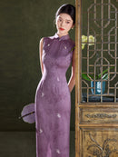 Burgundy Tonal Jacquard Sleeveless Qipao Maxi Dress | Mandarin Collar Slit Cheongsam