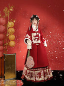 Traditional Red Hanfu Dress with Floral Embroidery and Panda Skirt, Elegant Chinese Costume