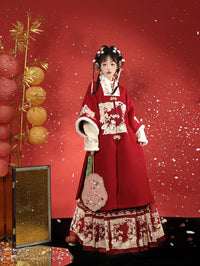 Traditional Red Hanfu Dress with Floral Embroidery and Panda Skirt, Elegant Chinese Costume