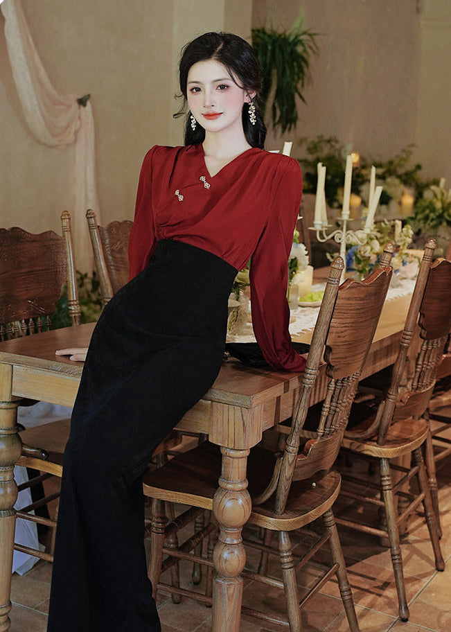 Modern Chinese Two-Piece Set – Red Pleated Top with Frog Buttons | High-Waist Straight Maxi Skirt
