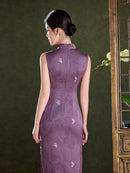 Burgundy Tonal Jacquard Sleeveless Qipao Maxi Dress | Mandarin Collar Slit Cheongsam