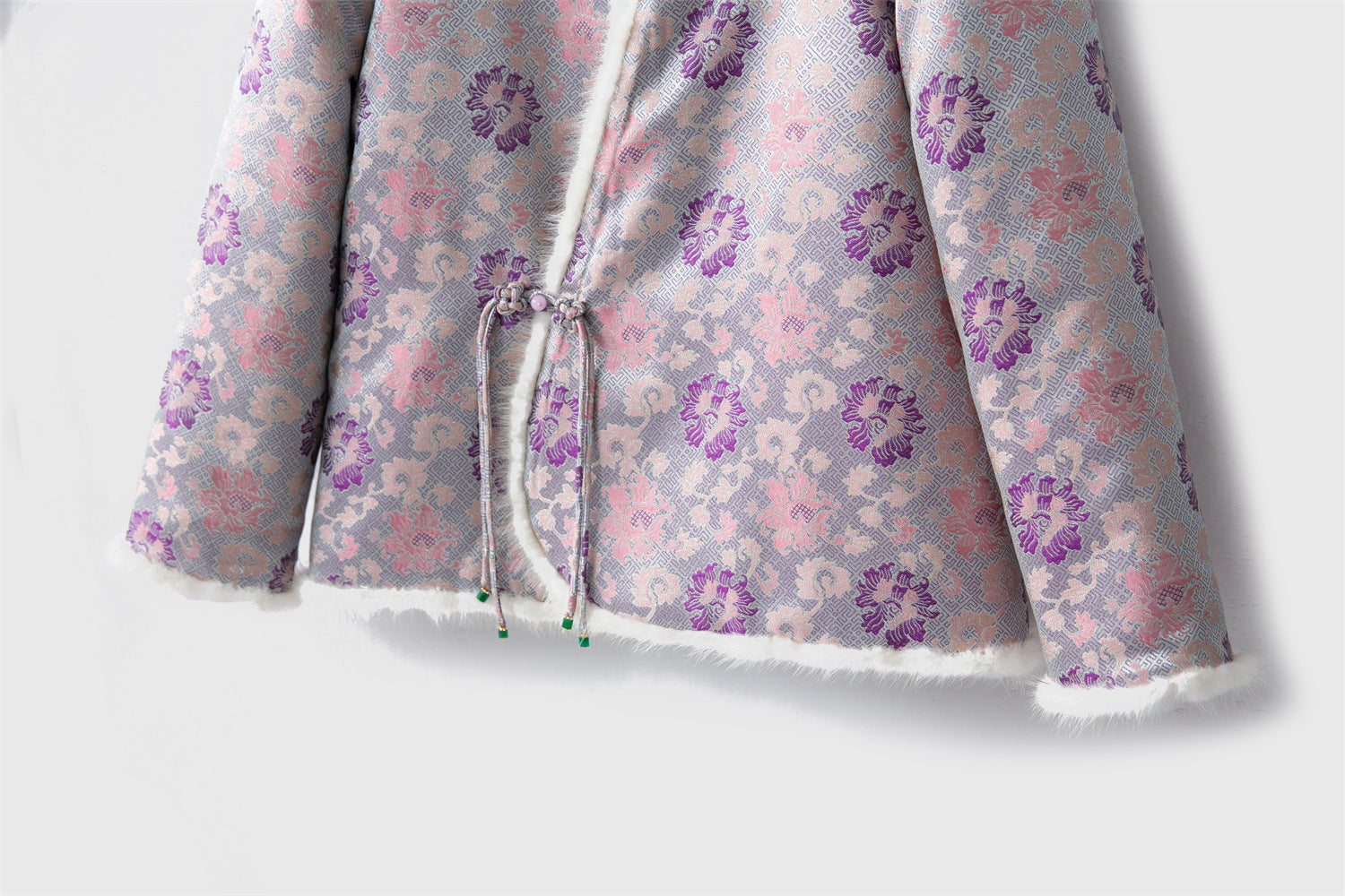 Silk Kimono Jacket with Fur Trim - Traditional Chinese Style Robe