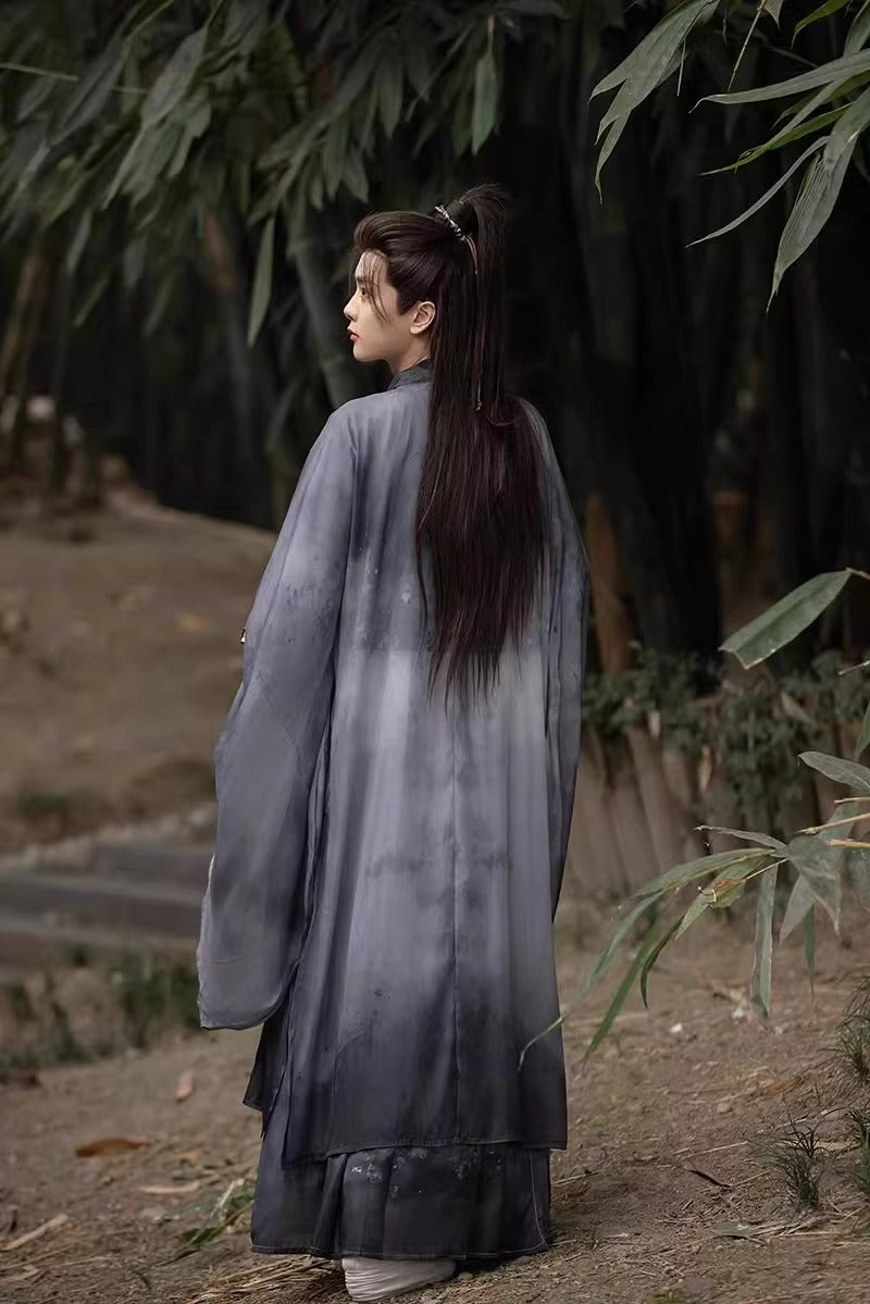 Traditional Chinese Hanfu Men’s Black and Gray Silk Robe with Embroidered Designs and Sword Belt