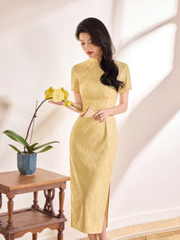 Champagne Pink Tonal Jacquard Short Sleeve Qipao Maxi Dress | Mandarin Collar Slit Cheongsam