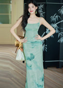 Modern Chinese Ink-Print Two-Piece Set | Sheer Frog-Button Top + Slim Maxi Dress