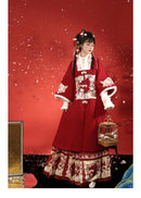 Traditional Red Hanfu Dress with Floral Embroidery and Panda Skirt, Elegant Chinese Costume
