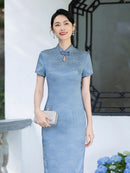 Summer Plus-Size Jacquard Modern Qipao | Mandarin Short Sleeve Keyhole, Slim Midi with Side Slit