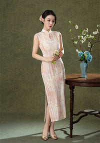 Pink Floral Sleeveless Velvet Qipao Dress | Slim Mandarin Maxi