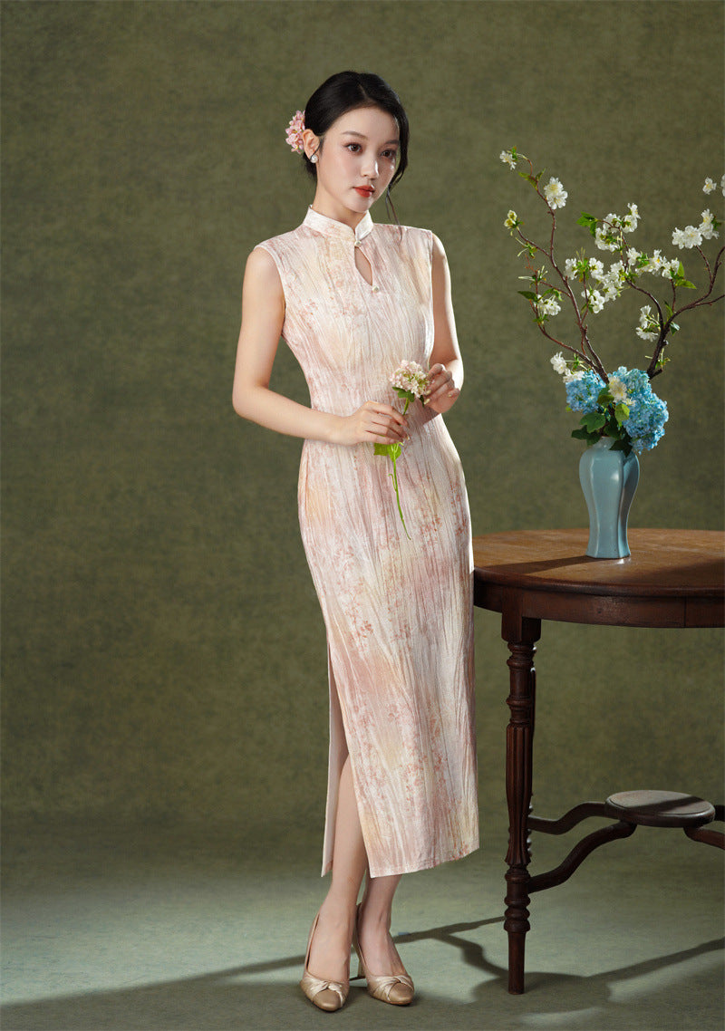 Pink Floral Sleeveless Velvet Qipao Dress | Slim Mandarin Maxi