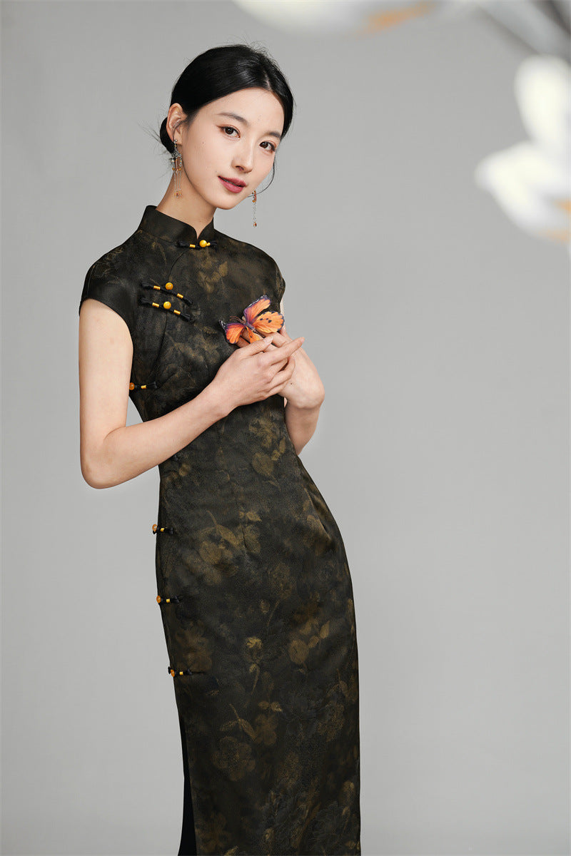 Shanghai Vintage Style Jacquard Satin Qipao | Sleeveless Long Cheongsam