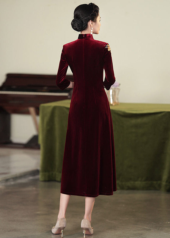 Embroidered Modern Qipao Maxi | Wine Red/Purple/Black | Mandarin Collar 3/4 Sleeves