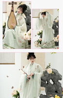 Traditional Hanfu Floral Embroidered Dress with Flowing Sleeves, Elegant Pastel Design, Perfect for Chinese Cultural Occasions