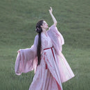Elegant Pastel Pink Hanfu Dress with Floral Embroidery and Flowing Sleeves
