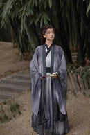 Traditional Chinese Hanfu Men’s Black and Gray Silk Robe with Embroidered Designs and Sword Belt