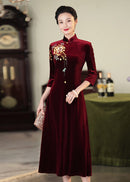 Embroidered Modern Qipao Maxi | Wine Red/Purple/Black | Mandarin Collar 3/4 Sleeves