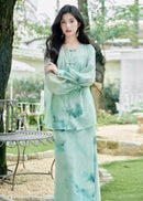 Modern Chinese Ink-Print Two-Piece Set | Sheer Frog-Button Top + Slim Maxi Dress