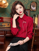 Elegant Chinese-Style Red Blouse With Unique Frog Button Design, Ideal For Traditional Wear