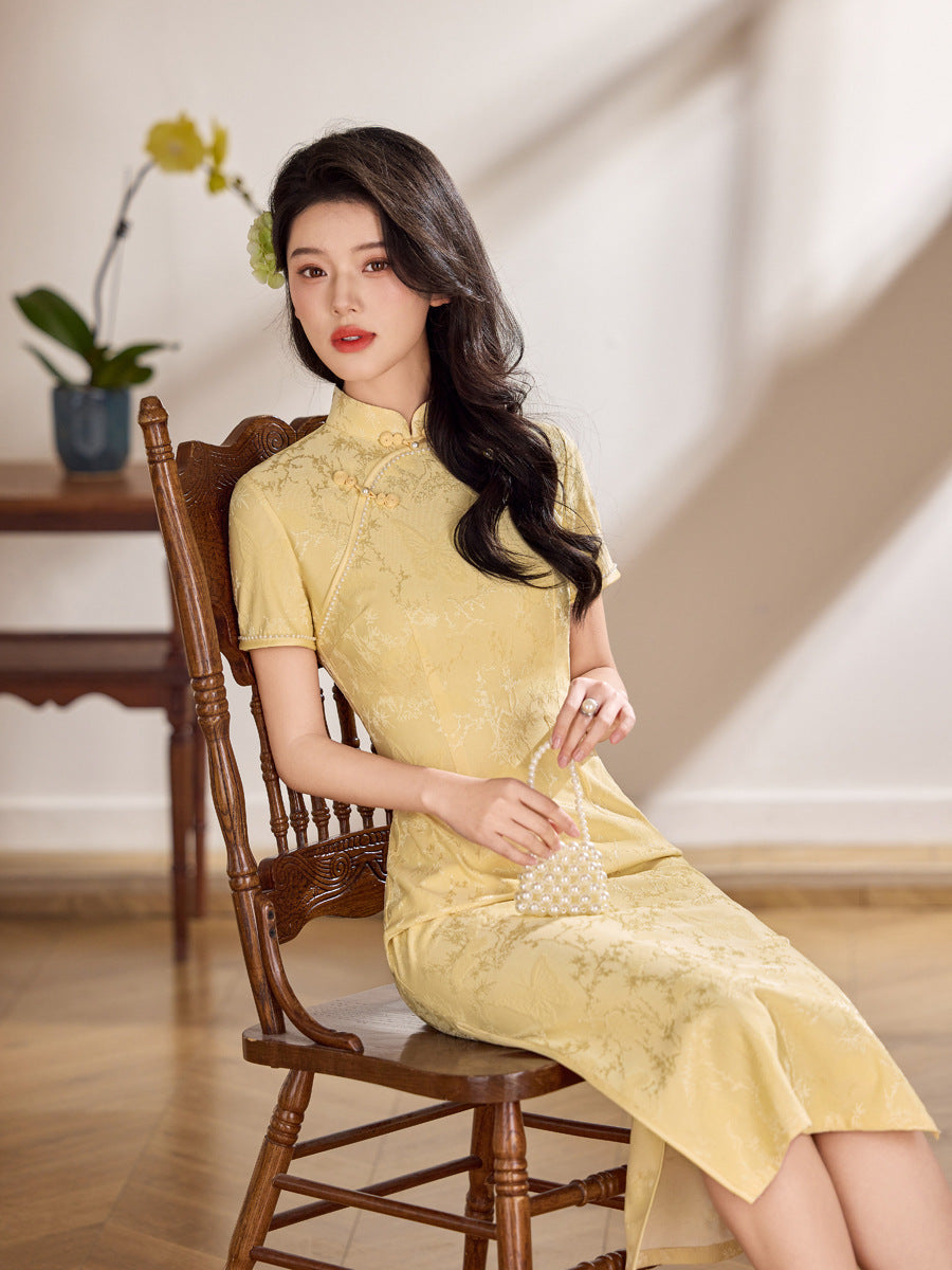 Champagne Pink Tonal Jacquard Short Sleeve Qipao Maxi Dress | Mandarin Collar Slit Cheongsam