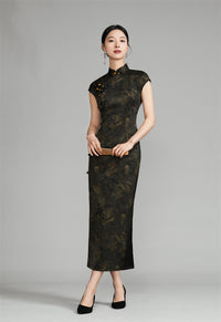 Shanghai Vintage Style Jacquard Satin Qipao | Sleeveless Long Cheongsam