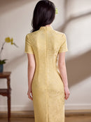 Champagne Pink Tonal Jacquard Short Sleeve Qipao Maxi Dress | Mandarin Collar Slit Cheongsam