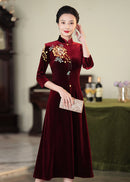 Embroidered Modern Qipao Maxi | Wine Red/Purple/Black | Mandarin Collar 3/4 Sleeves