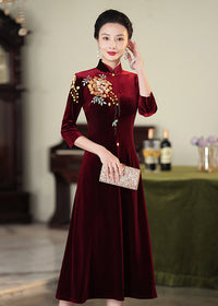 Embroidered Modern Qipao Maxi | Wine Red/Purple/Black | Mandarin Collar 3/4 Sleeves