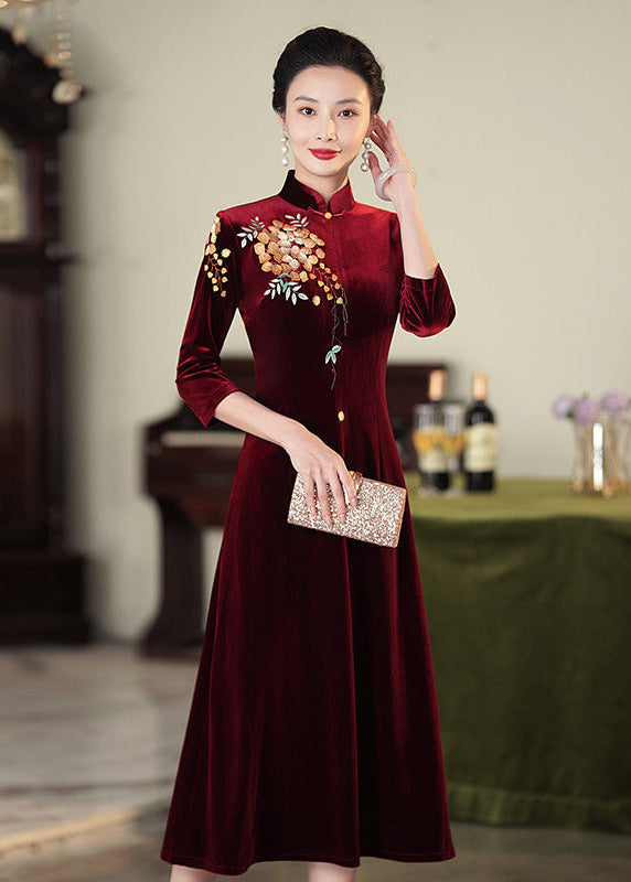 Embroidered Modern Qipao Maxi | Wine Red/Purple/Black | Mandarin Collar 3/4 Sleeves