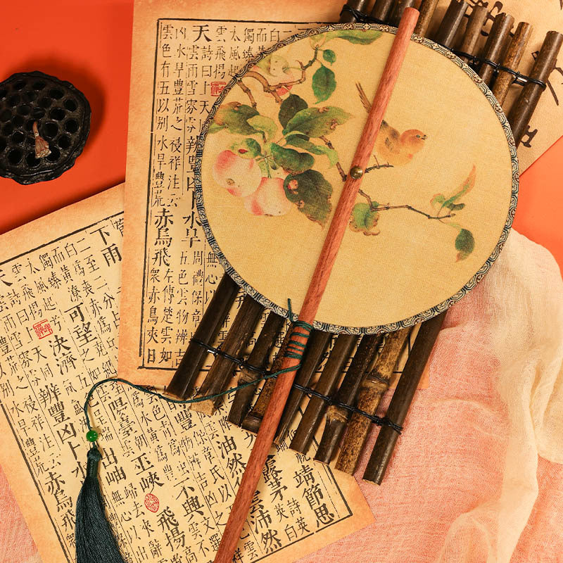 Traditional Bamboo Hand Fan with Vintage Floral Patterns and Tassels