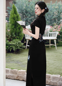 Black Butterfly Embroidered Slim Long Qipao | Side Slit
